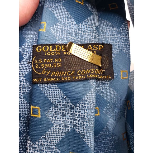Vintage Tie Golden Clasp by Prince Consort Blue Gold Geometric Polyester 56"x4" - Picture 3 of 7